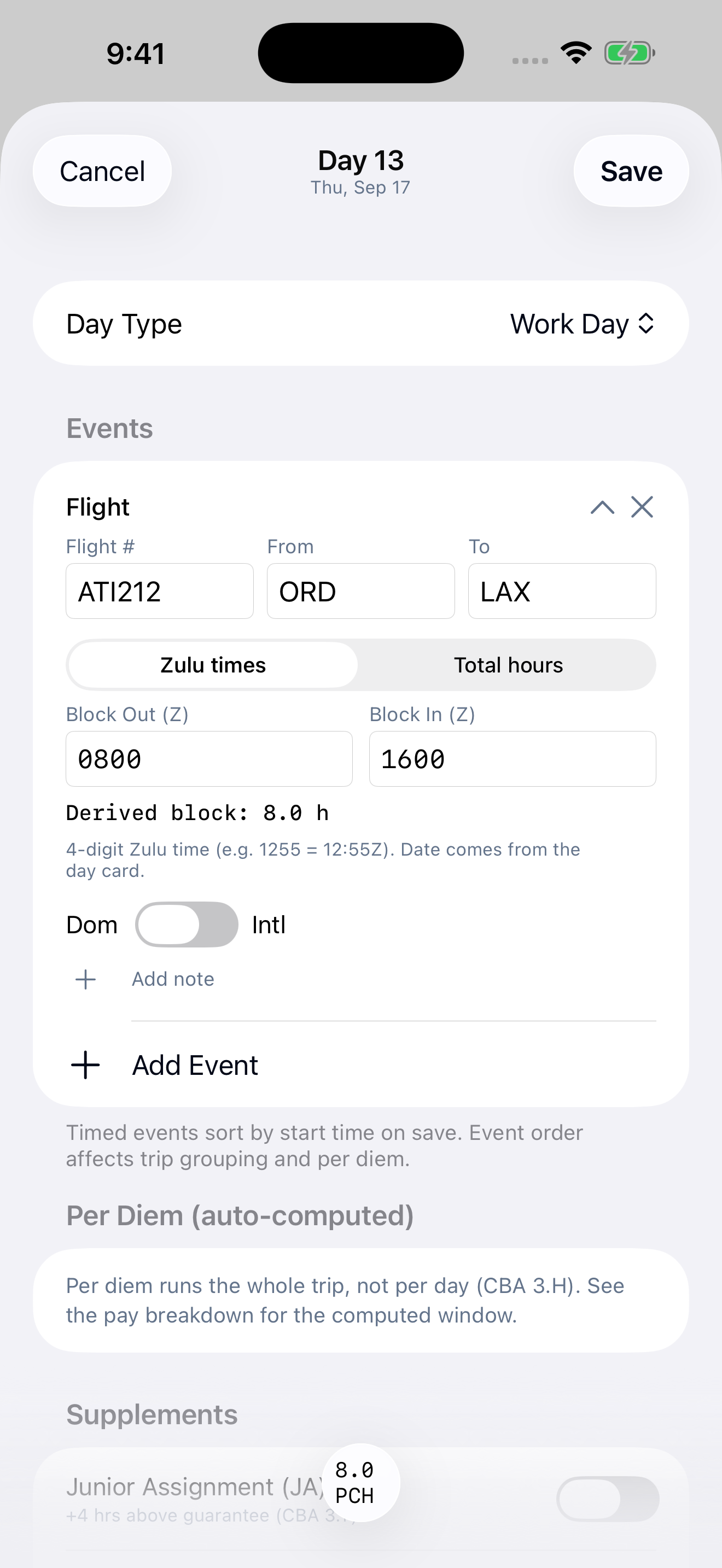 CheckSix iPhone day editor showing a flight from ORD to LAX, Zulu block times, 8.0 derived flight hours, event entry and automatic per diem notes.