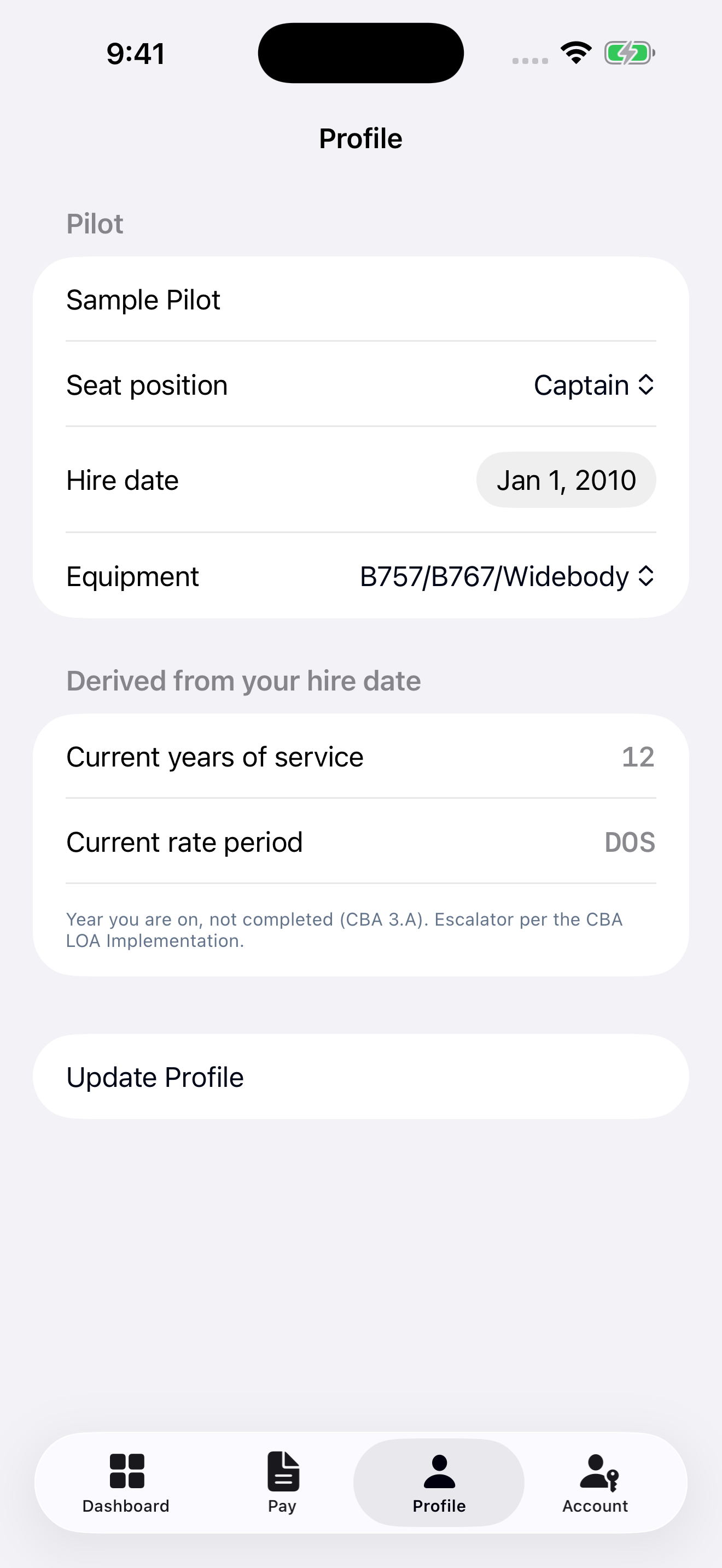 CheckSix iPhone Profile for the fictional Sample Pilot, showing Captain seat, hire date, equipment, derived years of service and rate period.